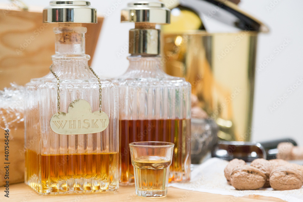 Liquor, nuts and wine, food and drink winter concepts Liquor, nuts and wine, food and drink winter concepts