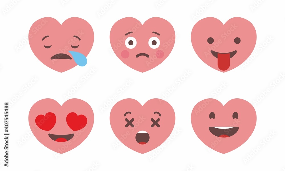 Set of six heart shaped emoticons. Vector emoji heads in the shape of hearts with different emotions on the face. Icons isolated on white background Set of six heart shaped emoticons. Vector emoji heads in the shape of hearts with different emotions on the face. Icons isolated on white background