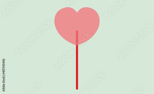 Vector heart shaped sucking candy on a stick. Sweetness on a green background. Flat design. Pop art. Valentine's Day