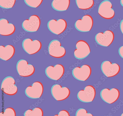 Endless seamless pattern of hearts of different directions. Pink red anaglyph vector hearts on purple background. Wallpaper for wrapping paper. Background for Valentine's Day