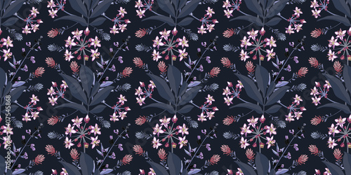 Vector floral seamless pattern. Pink, purple flowers and leaves isolated on a black background. 
