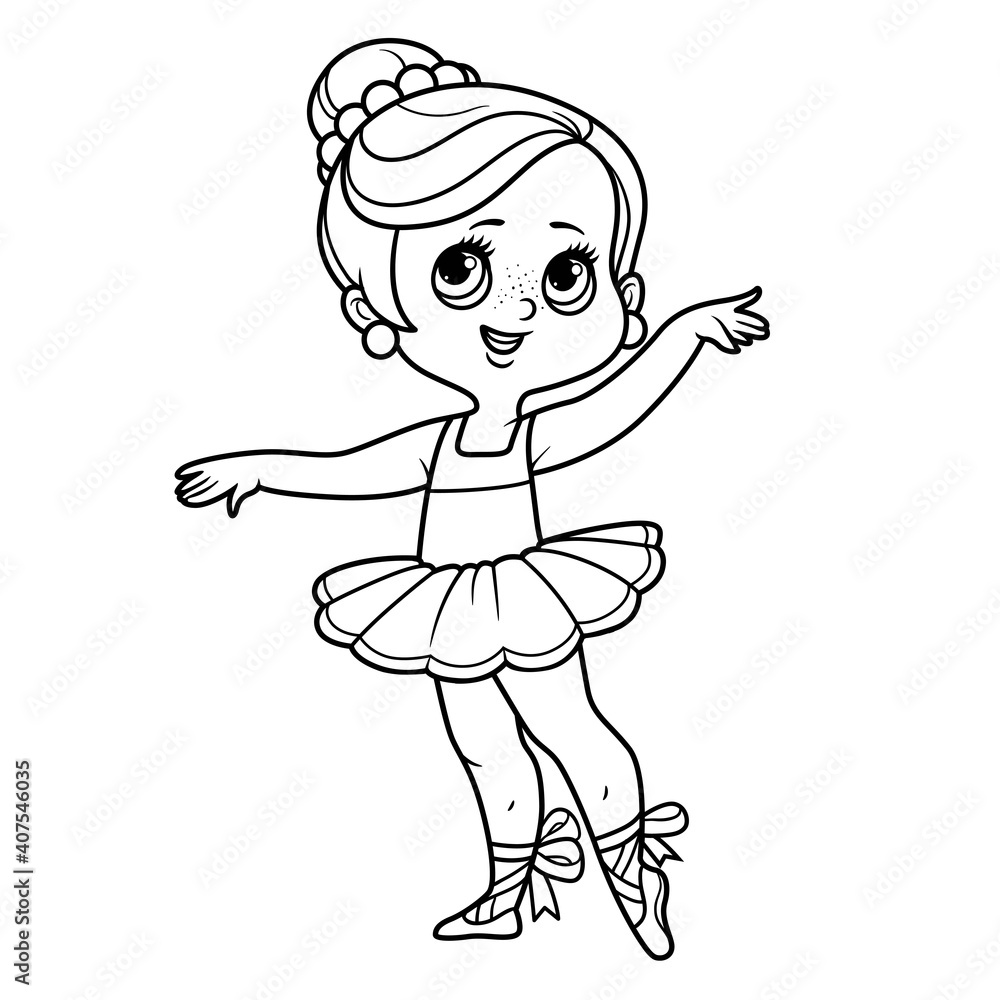 Cute cartoon little ballerina girl in lush tutu outlined for coloring isolated on a white background Cute cartoon little ballerina girl in lush tutu outlined for coloring isolated on a white background