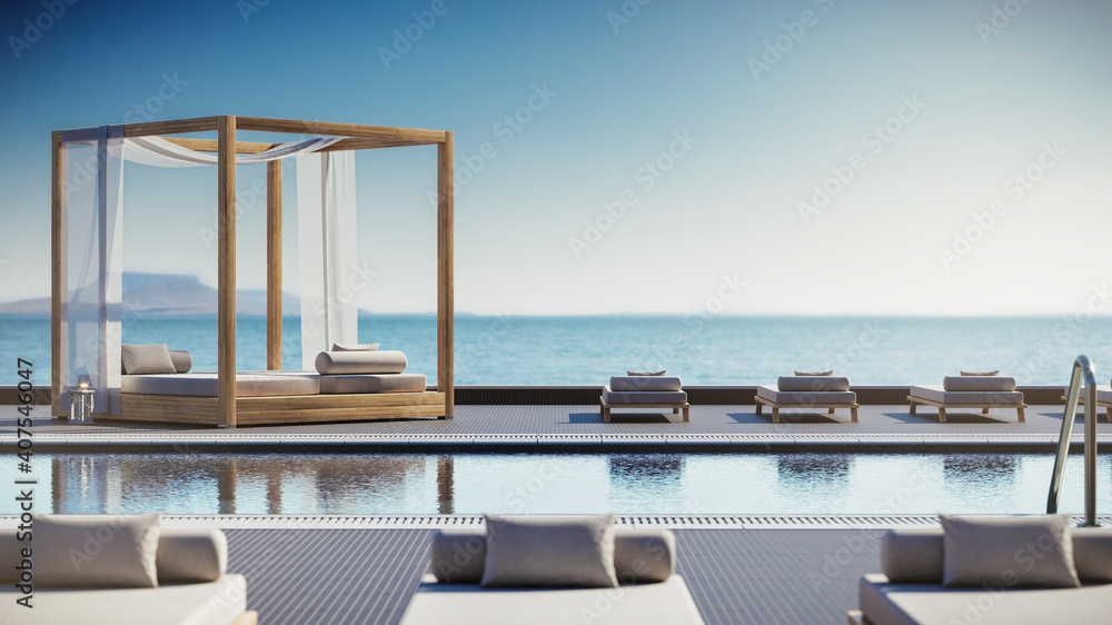 Fototapeta premium Pool oder Poolanlage eines Luxus Hotels in der Karibik mit Sonnenliegen und blauem Wasser ohne Menschen und Blick aufs Meer für den nächsten Urlaub