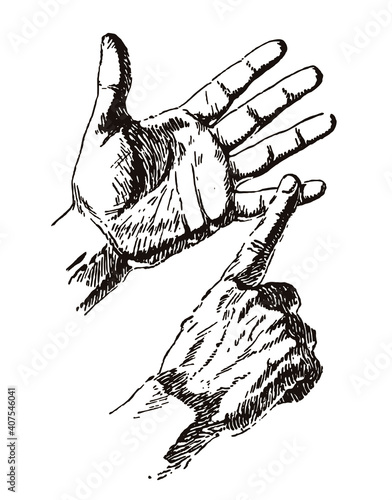 Two male human hands in finger counting gesture, after antique engraving from early 20th century