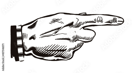 Back of a male human hand with pointing finger, after an antique engraving from the early 20th century