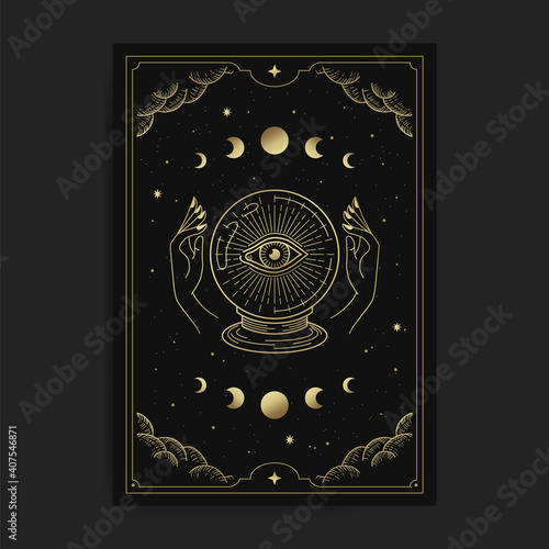 Crystal ball with one glowing eye, held by two hands in a tarot card, decorated with golden clouds, moon circulation, outer space and many stars