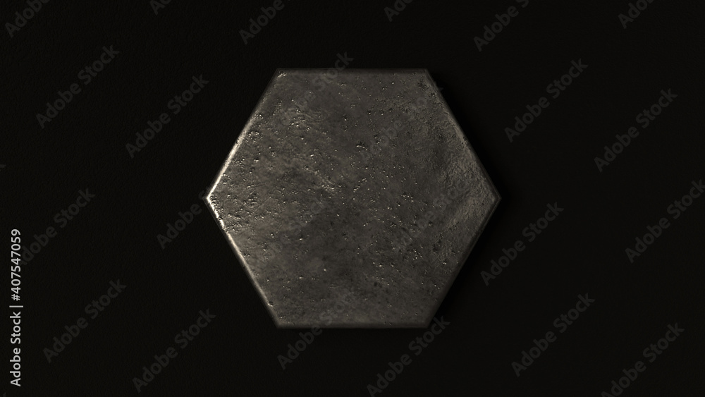Hexagon shape metal plate on dark concrete wall, template, background, banner. 3d render illustration Hexagon shape metal plate on dark concrete wall, template, background, banner. 3d render illustration