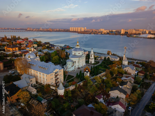 Evening autumn Voronezh, Akatov monastery, aerial drone view photo