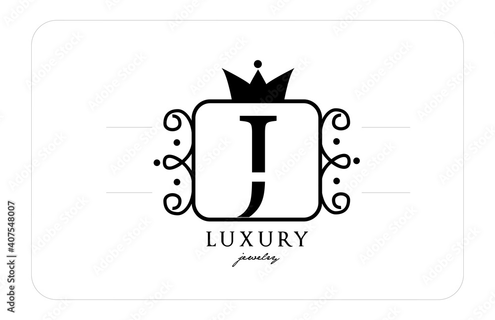 J simple monogram alphabet letter logo in black and white. Creative icon design with king crown for luxury company and business J simple monogram alphabet letter logo in black and white. Creative icon design with king crown for luxury company and business