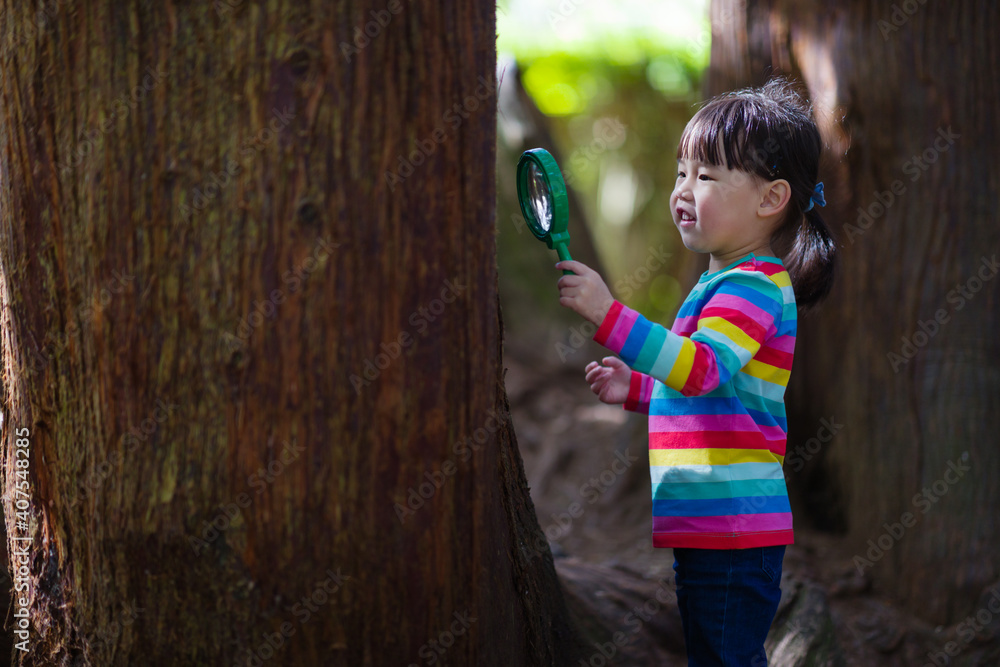 young girl holding a magnifier and looking up in the summer forest morning young girl holding a magnifier and looking up in the summer forest morning