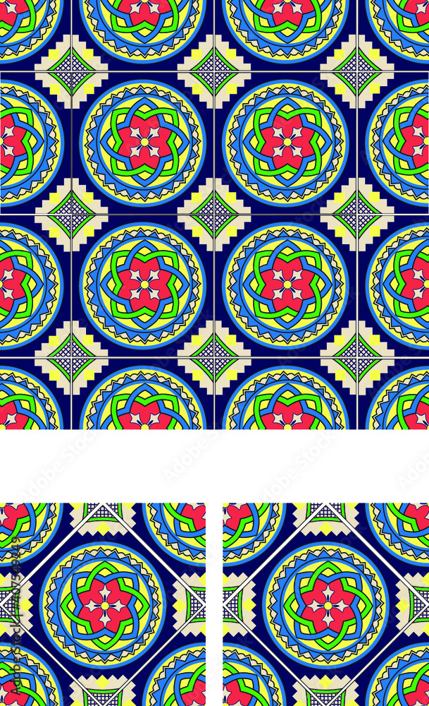 Fototapeta premium Azulejo de diseño tradicional en rojo, verde y azul.