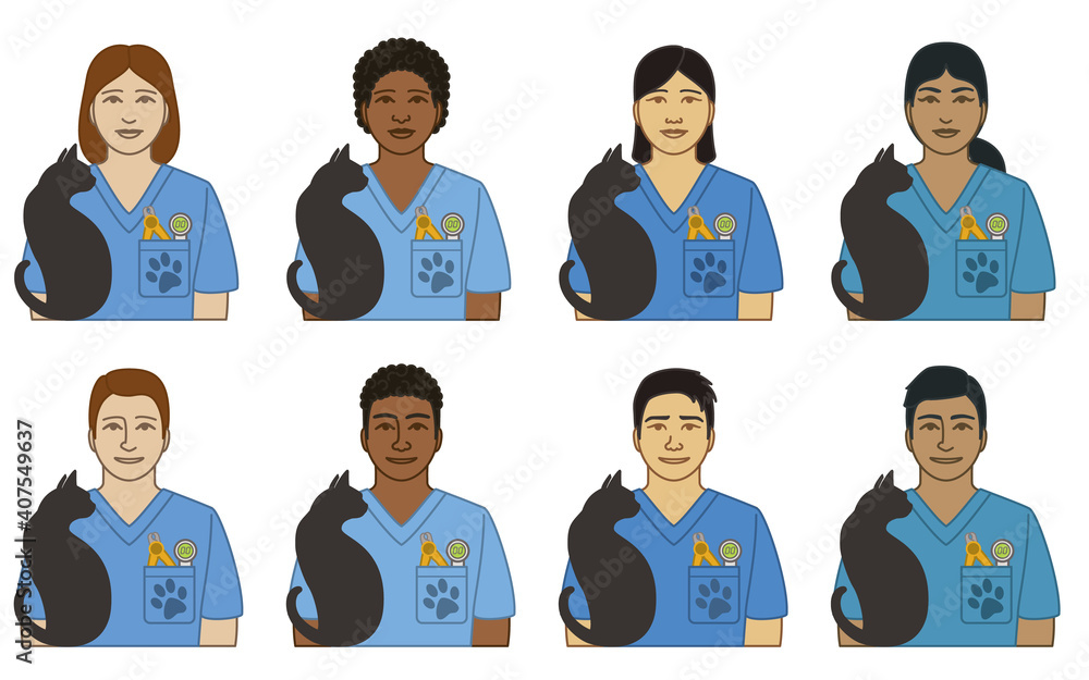 diversity, race, ethnicity of veterinarian assistant vector icons, male and female, in scrubs with silhouette of cat, isolated on a white background diversity, race, ethnicity of veterinarian assistant vector icons, male and female, in scrubs with silhouette of cat, isolated on a white background