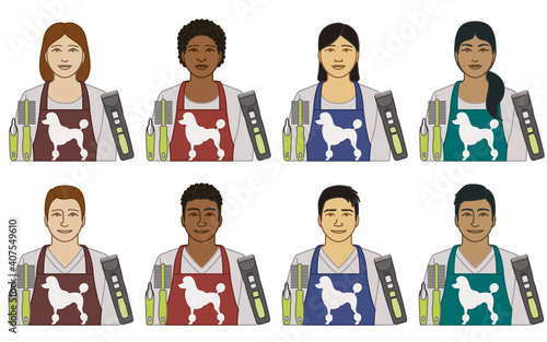 diversity, race, ethnicity of dog groomer vector icons, male and female, wearing apron with silhouette of poodle, tools and shaver, isolated on a white background 