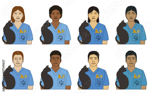 diversity, race, ethnicity of veterinarian assistant vector icons, male and female, in scrubs with silhouette of cat, isolated on a white background 
