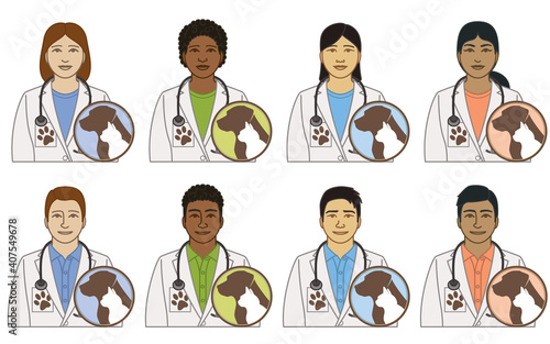 diversity, race, ethnicity of veterinarian vector icons, male and female, with stethoscope and silhouette of dog and cat, isolated on a white background 