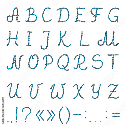 Hand drawn blue colored alphabet calligraphy set in doodle style with pearls or beads. Hand written isolated vector typography capital letters and punctuation marks on white background	
