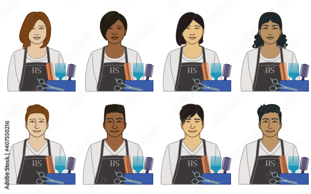 diversity, race, ethnicity of hairstylist, hairdresser vector icons, male and female, wearing an apron, with brush, comb and scissors, isolated on a white background diversity, race, ethnicity of hairstylist, hairdresser vector icons, male and female, wearing an apron, with brush, comb and scissors, isolated on a white background