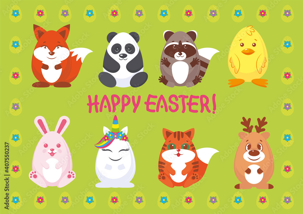 Naklejka premium Set of Easter eggs decorated like animals: rabbit, chicken, fox, raccoon, panda, cat, deer. Isolated on a green background. Vector illustration, collection of Easter decorations, kids crafts template