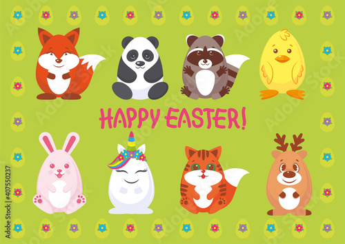 Set of Easter eggs decorated like animals: rabbit, chicken, fox, raccoon, panda, cat, deer. Isolated on a green background. Vector illustration, collection of Easter decorations, kids crafts template