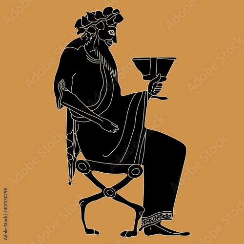 Silhouette of a seated ancient Greek god Dionysus or Bacchus holding a cup of wine. Vase painting motif. Ethnic style.