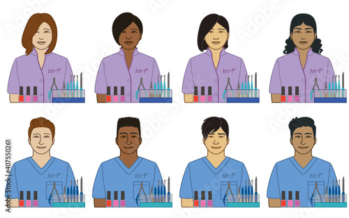 diversity, race, ethnicity of manicurist, pedicurist vector icons, male and female, in uniform, with nail polish and tools, isolated on a white background 