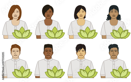 diversity, race, ethnicity of massage therapist vector icons, male and female, in uniform, with lotus symbol, isolated on a white background 