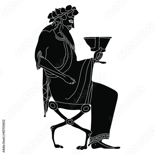 Silhouette of a seated ancient Greek god Dionysus or Bacchus holding a cup of wine. Vase painting motif. Ethnic style. Black and white silhouette.