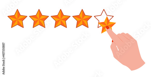 Hand pointing with the index finger on the fifth star to rate online shop, product or service. Isolated vector illustration