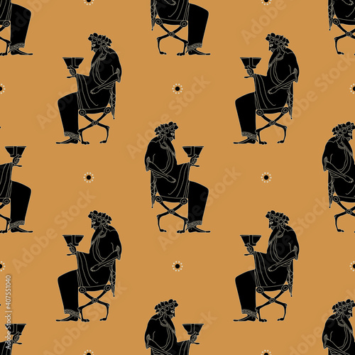 Seamless geometrical pattern with silhouettes of ancient Greek god Dionysus. Vase painting ethic style.