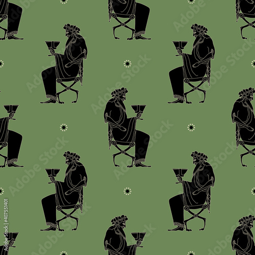 Seamless geometrical pattern with silhouettes of ancient Greek god Dionysus. Vase painting ethic style.
