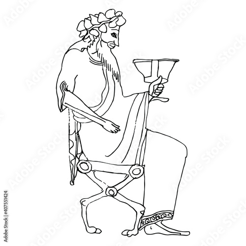 Seated ancient Greek god Dionysus or Bacchus holding cup of wine. Ethnic style. Hand drawn linear doodle sketch. Black silhouette on white background.