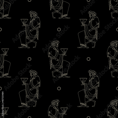 Seamless geometrical monochrome pattern with linear silhouettes of ancient Greek god Dionysus or Bacchus.