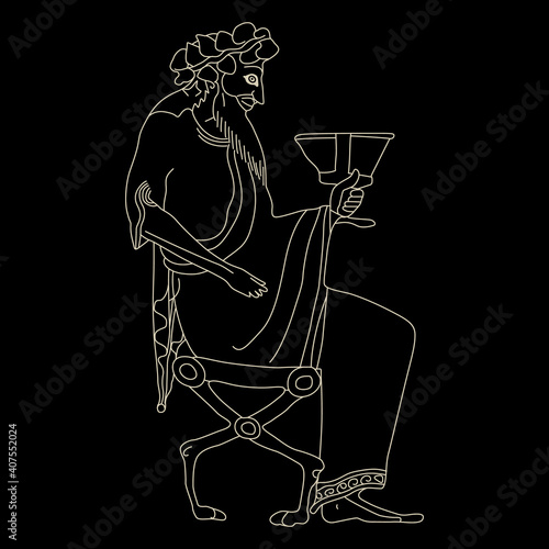 Silhouette of a seated ancient Greek god Dionysus holding a cup of wine. Vase painting motif. Ethnic style. Black and white linear silhouette.