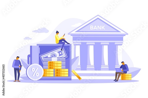 Mobile banking and online payment concept. Digital long-term deposit. People using laptop and mobile smartphone for online banking and accounting. Vector flat illustration. Template for landing page