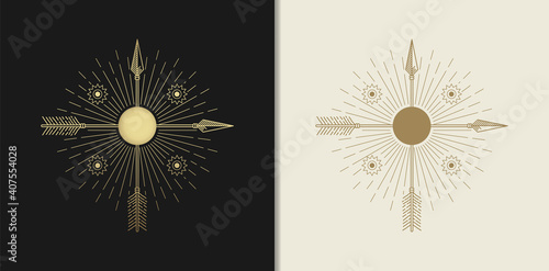 Arrow, bow with geometric symbols frames. Sacred mystic signs drawn in lines. Illustration in black and gold colors.