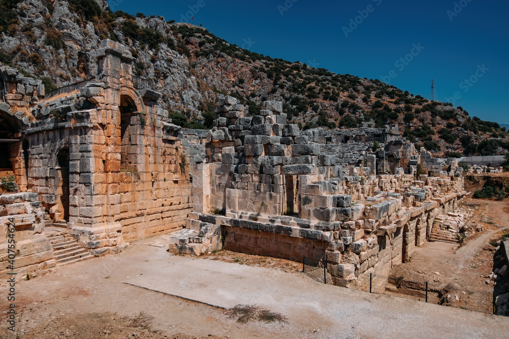 Ancient ruins of the Greek-Roman amphitheater at the ancient city of Myra in Demre, Turkey