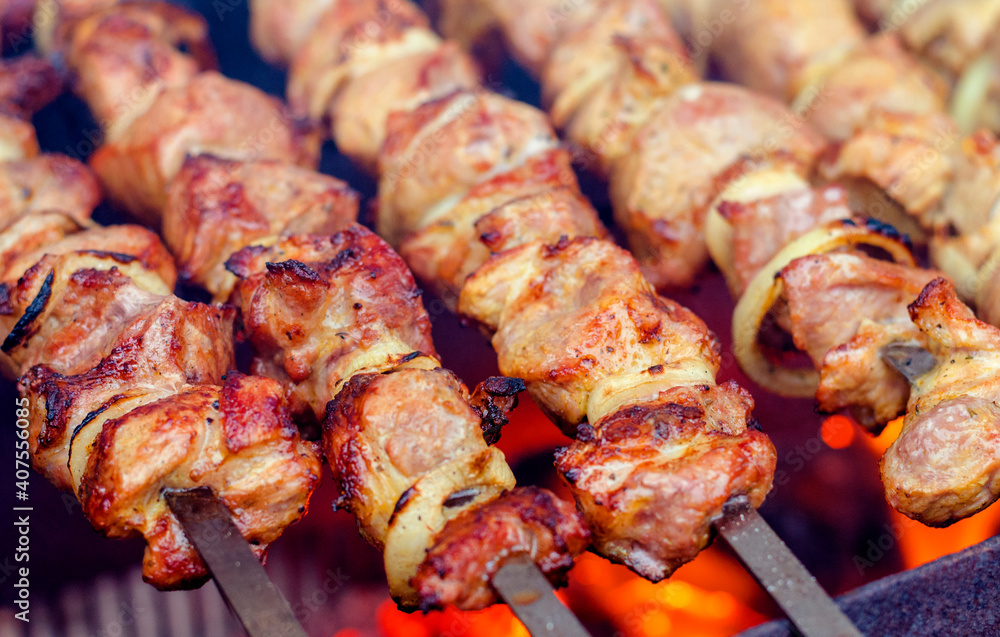 Shish kebab of meat skewered on a grill Shish kebab of meat skewered on a grill