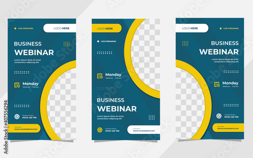 Set of minimalist social media stories post template for Business Webinar, Creative webinar, Online Education and other online seminars. with Green and Yellow background