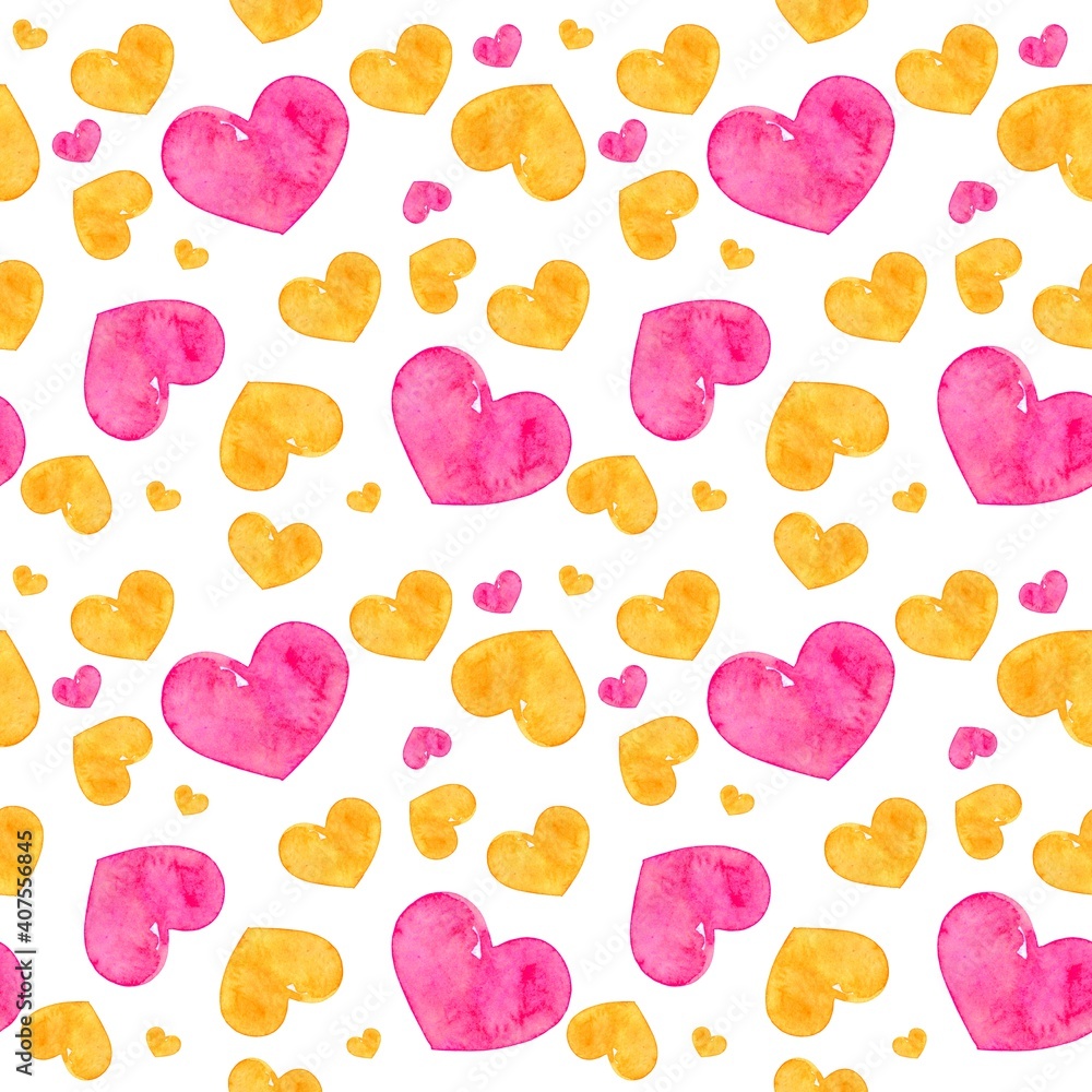 Pink and yellow watercolor hearts seamless pattern on white background isolated Pink and yellow watercolor hearts seamless pattern on white background isolated