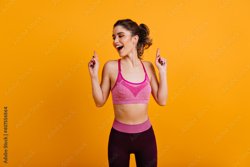 Debonair woman doing exercize. Dreamy white girl enjoying sport. Debonair woman doing exercize. Dreamy white girl enjoying sport.