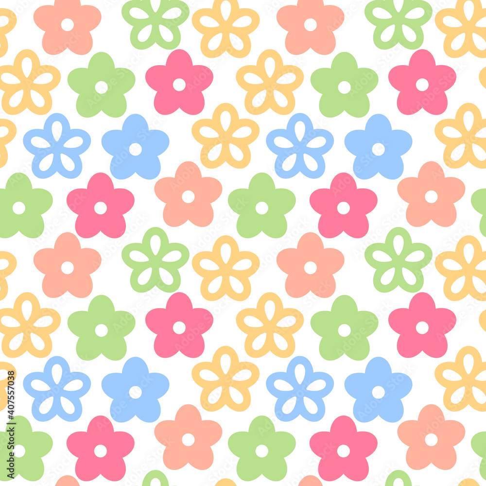 Seamless endless pattern with colorful flowers simple spring background, vector illustration