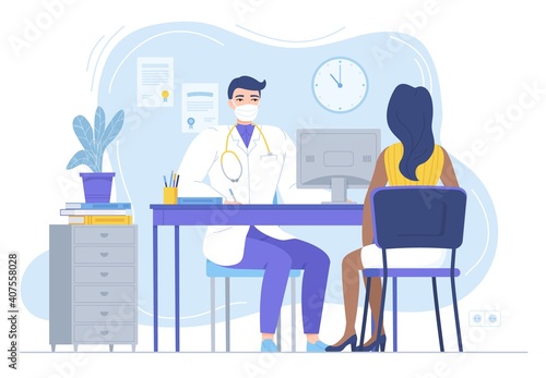 Doctor in mask consulting female patient. Physycian sitting at the desk with monitor. Family therapist, health care, clinic workspace concept. Stock vector illustration in flat style isolated on white © Daaridna