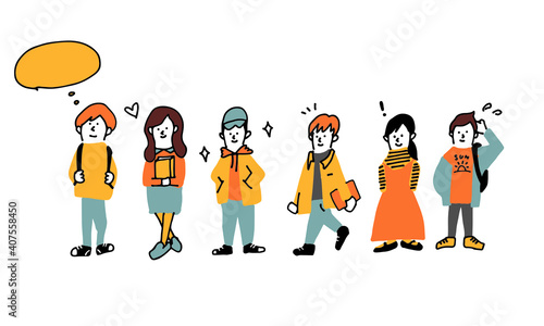 私服を着て大学に通う手書き風タッチの男女学生イラスト
