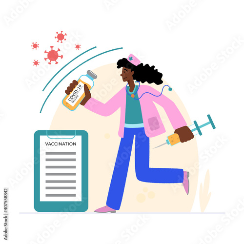 Vaccine against COVID-19 virus. Prevention injection, immunization. Coronavirus infection treatment. A black nurse with a large syringe and a vaccine is running.