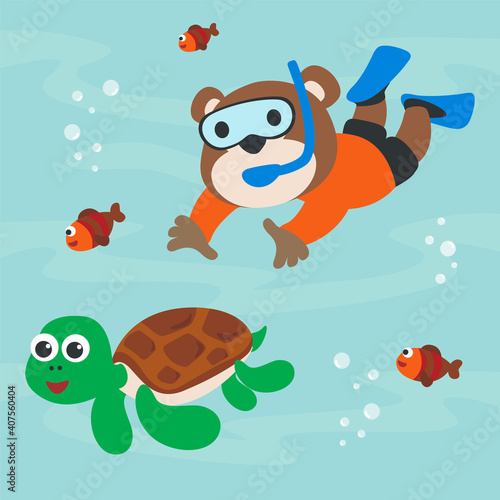 Diving with funny bear and turtle with cartoon style. Creative vector childish background for fabric, textile, nursery wallpaper, poster, card, brochure. vector illustration background. © Hijaznahwani