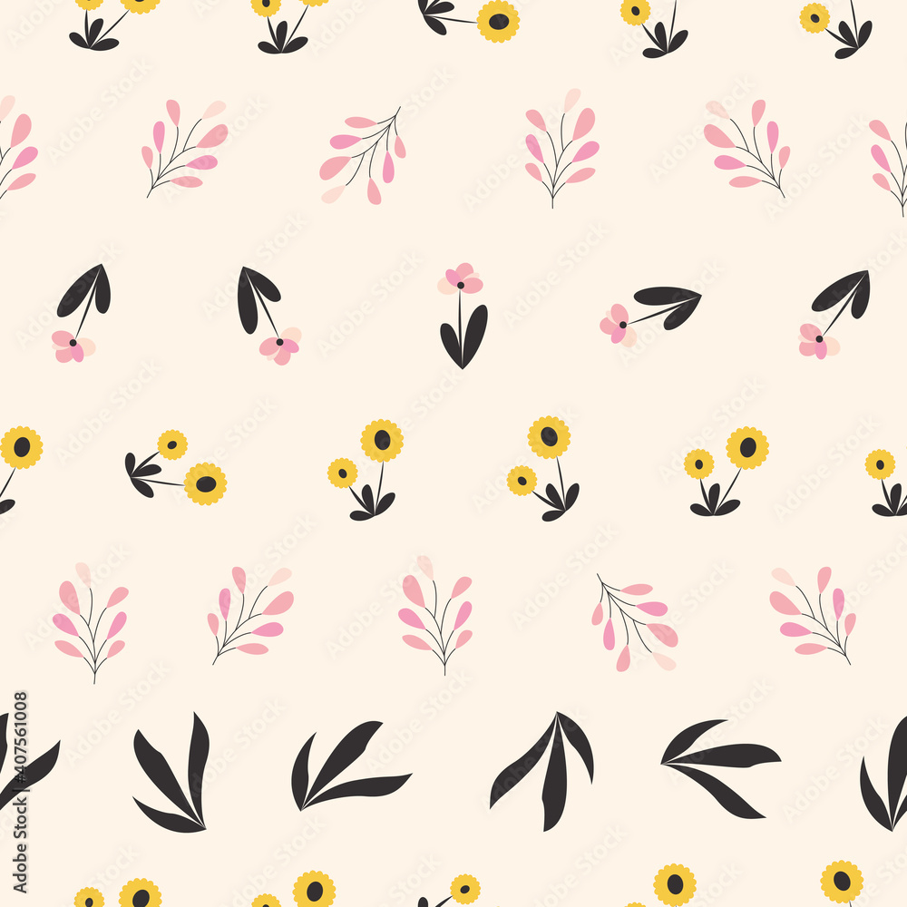 Floral botanical seamless patterns. Vector design for paper, cover, wallpaper, fabric, textile, interior decor, and other projects.