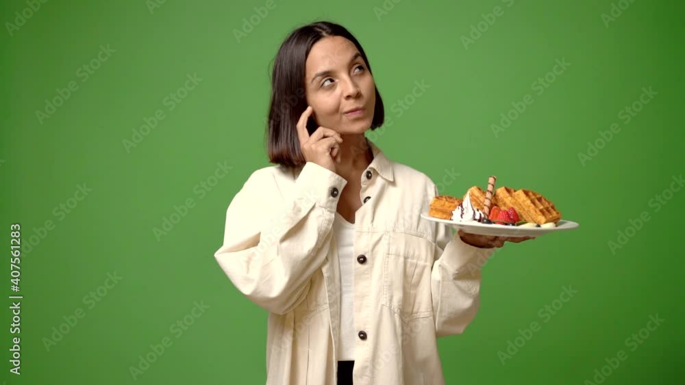 woman holding waffles standing and thinking an idea pointing the finger up woman holding waffles standing and thinking an idea pointing the finger up