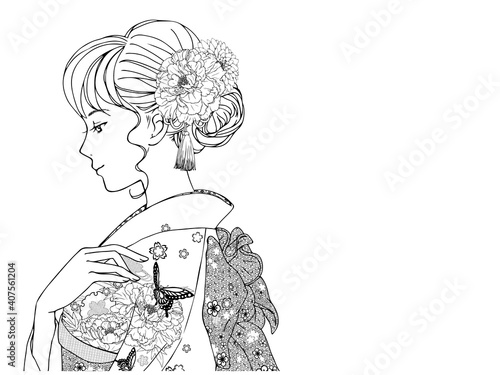 晴れ着の女性_横向き_伏し目_線画