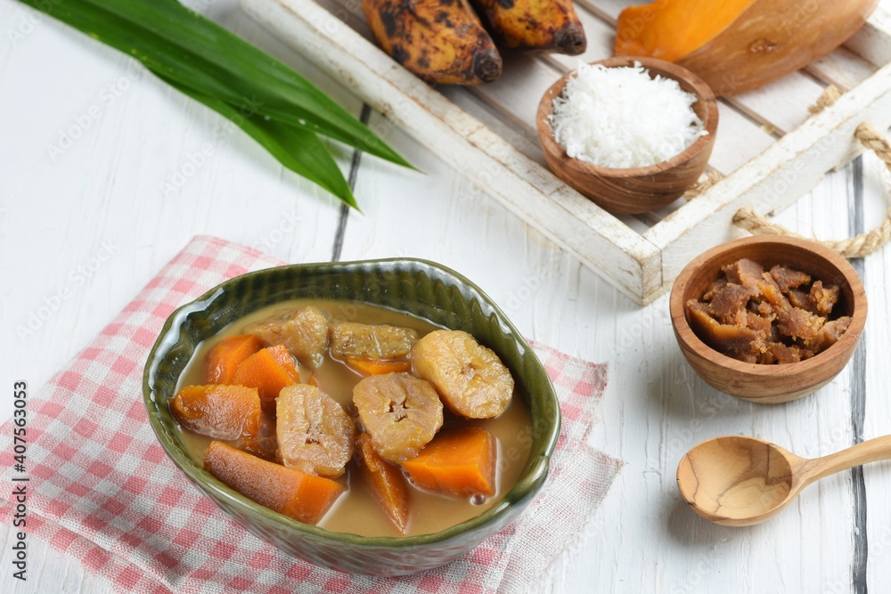 indonesian traditional food:kolak pisang .
Made from banana,pumpkin, palm fruit, palm sugar, coconut milk and pandan leaf. very popular during the month of Ramadan.
indonesian traditional food:kolak pisang .
Made from banana,pumpkin, palm fruit, palm sugar, coconut milk and pandan leaf. very popular during the month of Ramadan.