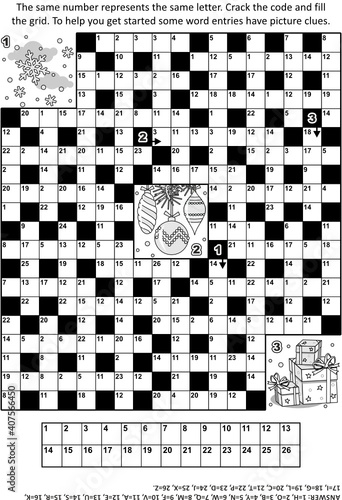 Puzzle page with winter holiday themed codebreaker (or codeword, or code cracker) word game 2, with about 12 themed words. Answer included.
